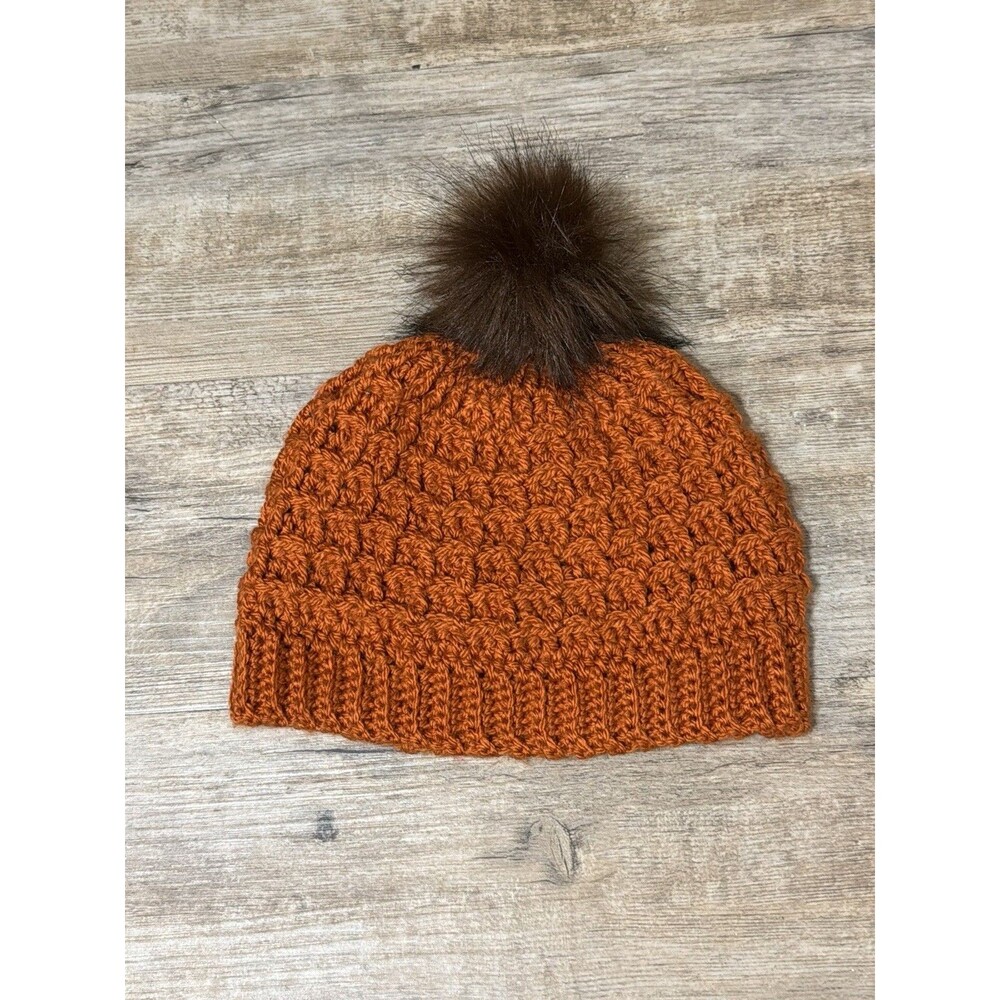 New Hand Crocheted Waffle Orange Acrylic Faux Fur Pom Pom Beanie Hat Women